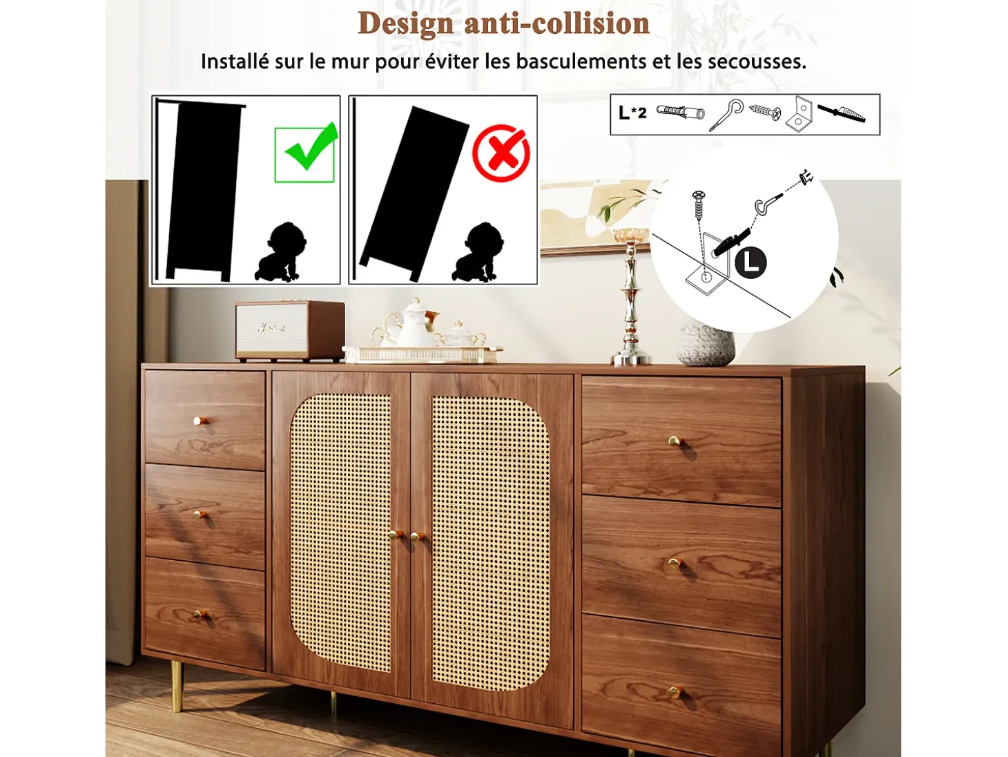 Aparador de madera con puertas y cajón de ratán, 160 x 40 x 90 cm, marrón, para salón o cocina