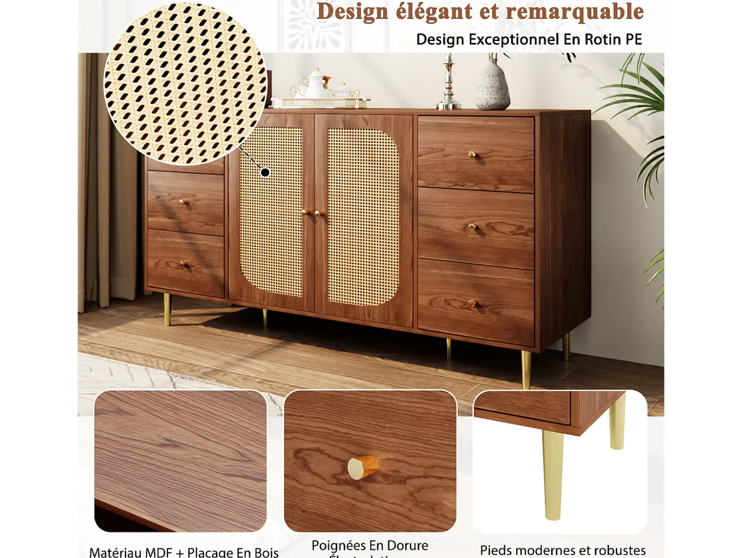 Aparador de madera con puertas y cajón de ratán, 160 x 40 x 90 cm, marrón, para salón o cocina