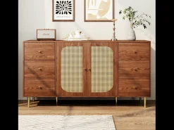 Aparador de madera con puertas y cajón de ratán, 160 x 40 x 90 cm, marrón, para salón o cocina