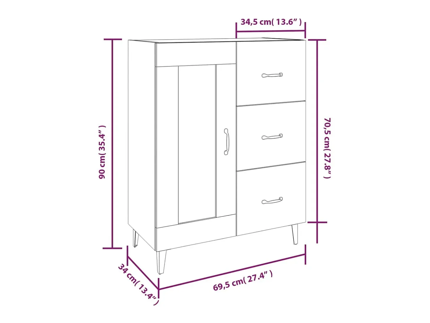 Aparador de madera contrachapada blanco 69,5x34x90 cm