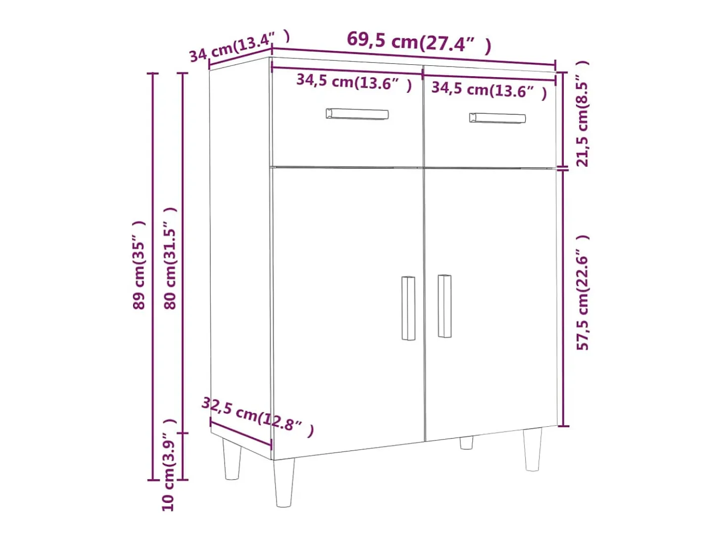 Aparador de madera contrachapada blanco 69,5x34x89 cm