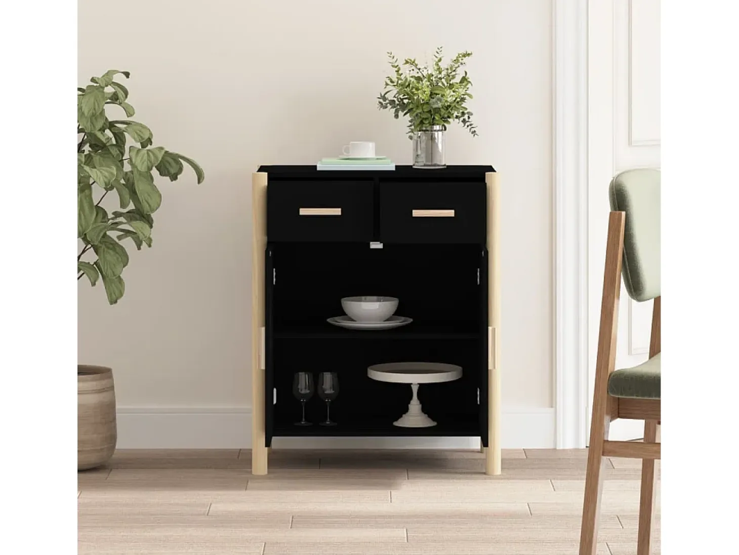 Aparador de madera contrachapada negro 62x38x75 cm