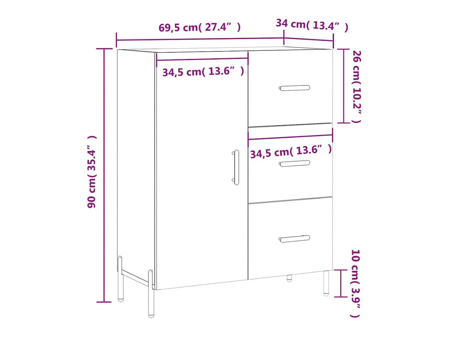 Aparador de madera contrachapada blanco brillante 69,5x34x90 cm