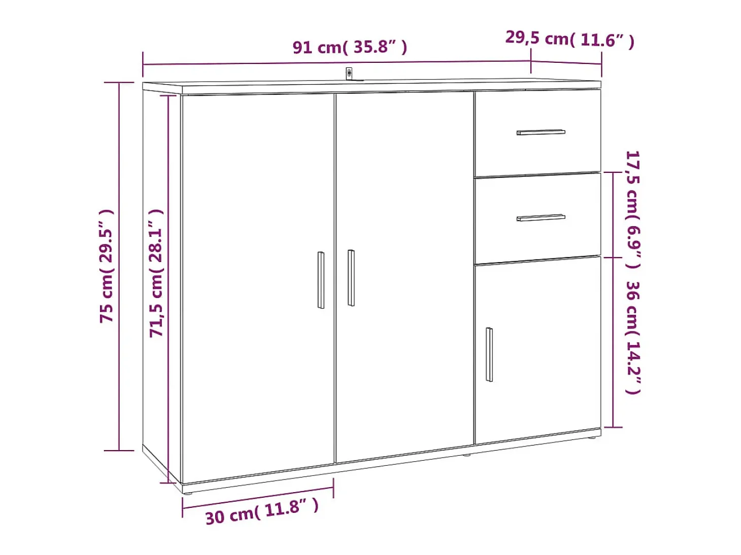 Aparador de madera contrachapada gris Sonoma 91x29,5x75 cm