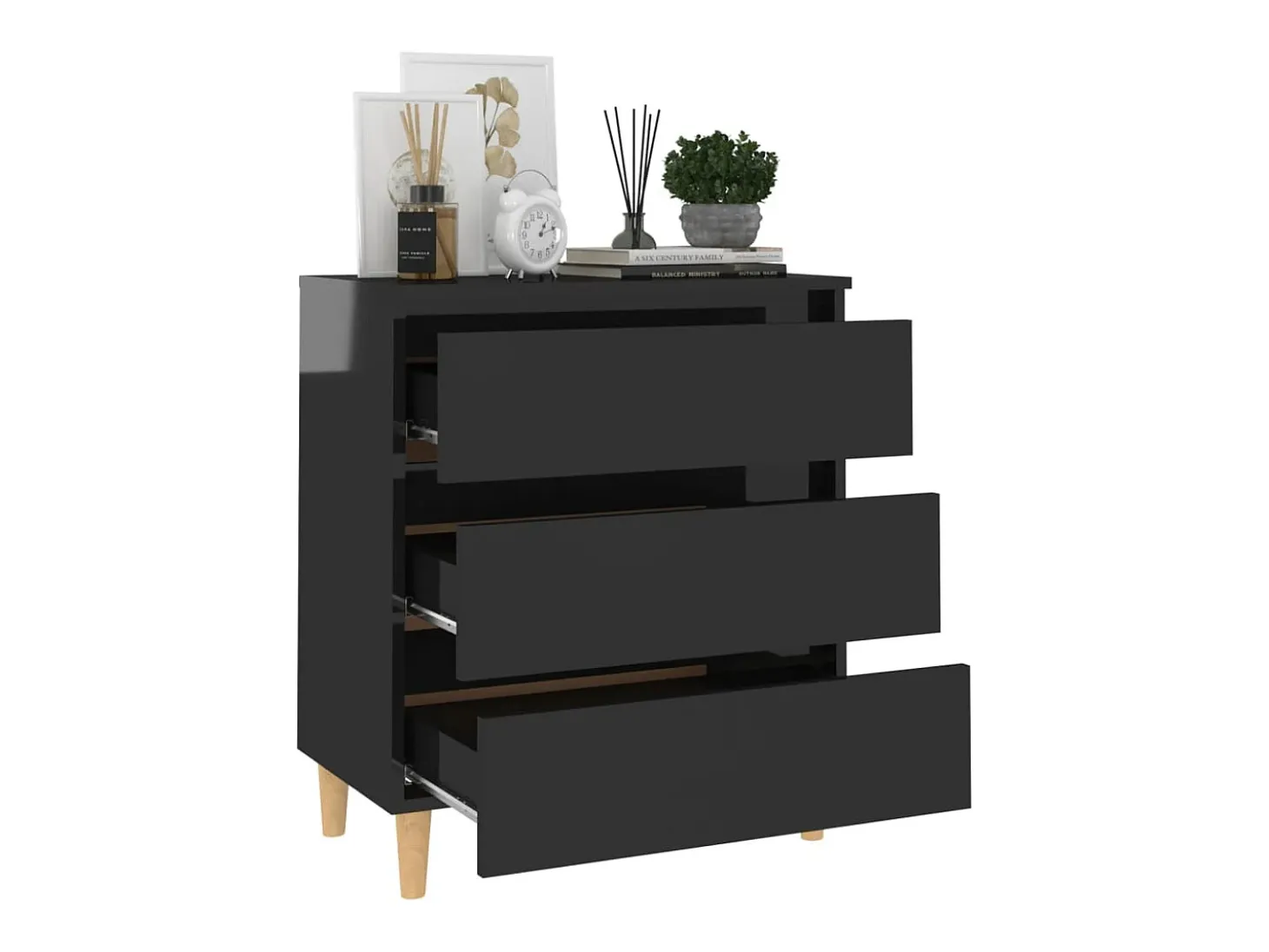 Aparador de madera contrachapada negro brillante 60x35x69 cm