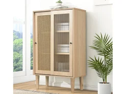Aparador de madera de 100 cm de alto con ratán plástico y puertas correderas de cristal.