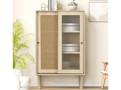 Aparador de madera de 100 cm de altura con ratán de plástico y puertas correderas de cristal