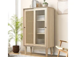 Aparador de madera de 100 cm de altura con ratán de plástico y puertas correderas de cristal