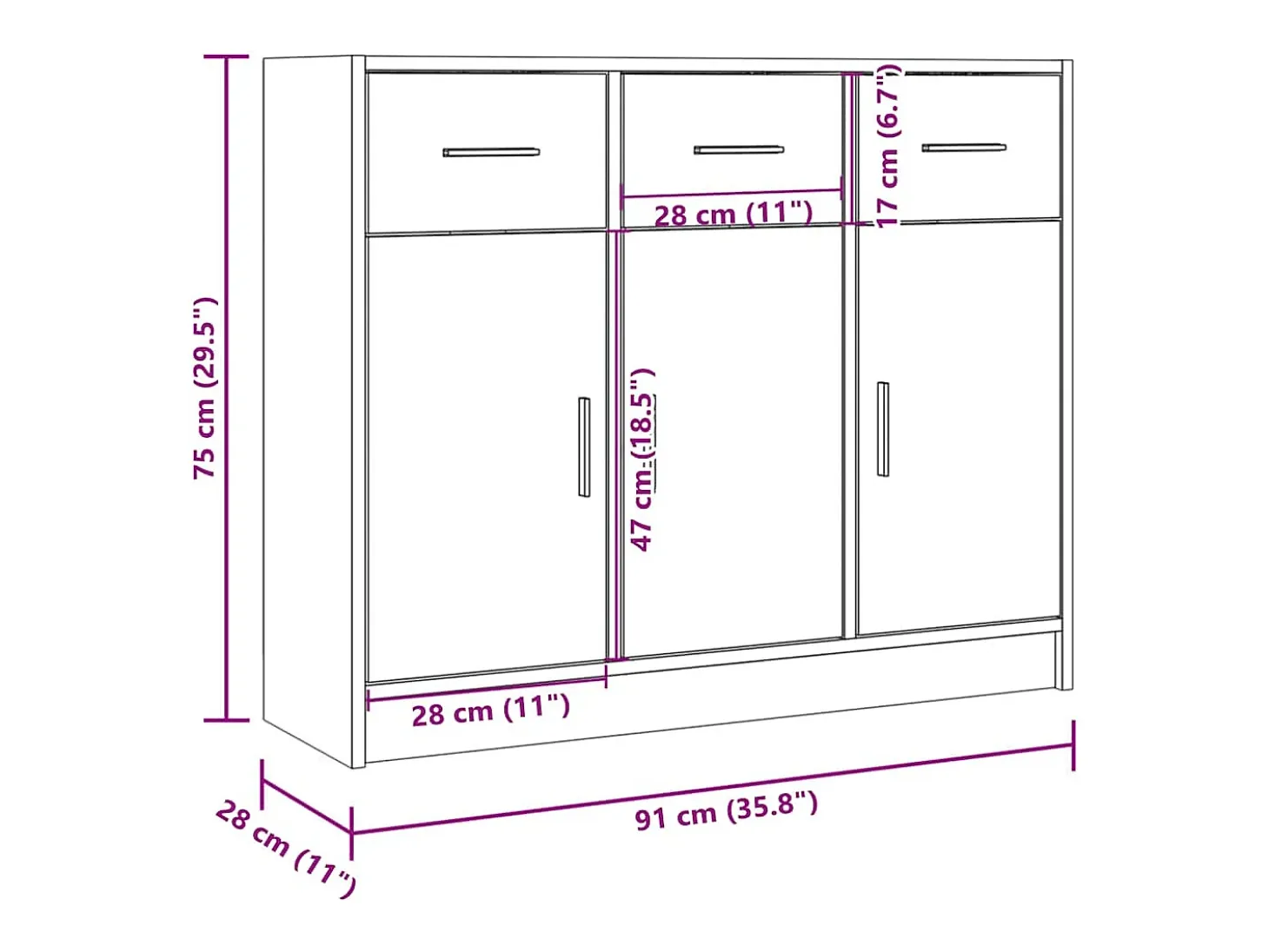 Aparador de madera de ingeniería color roble Sonoma 91x28x75 cm