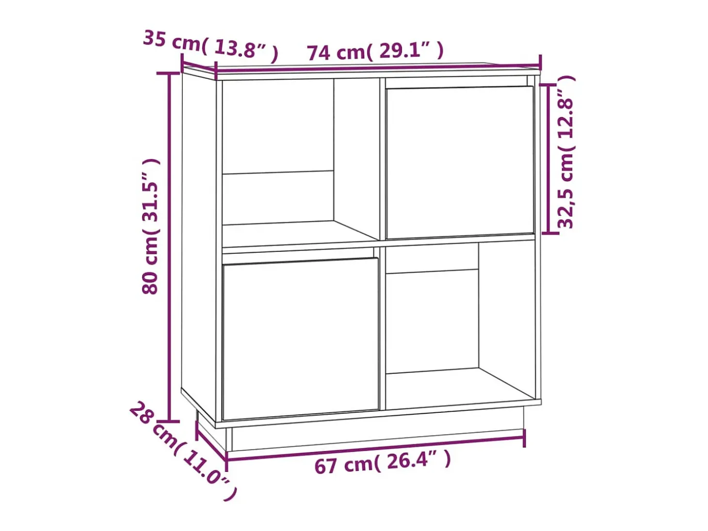 Aparador de madera maciza de pino marrón miel 74x35x80 cm