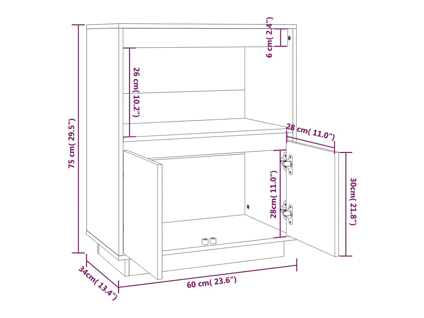Aparador de madera maciza de pino gris 60x34x75 cm