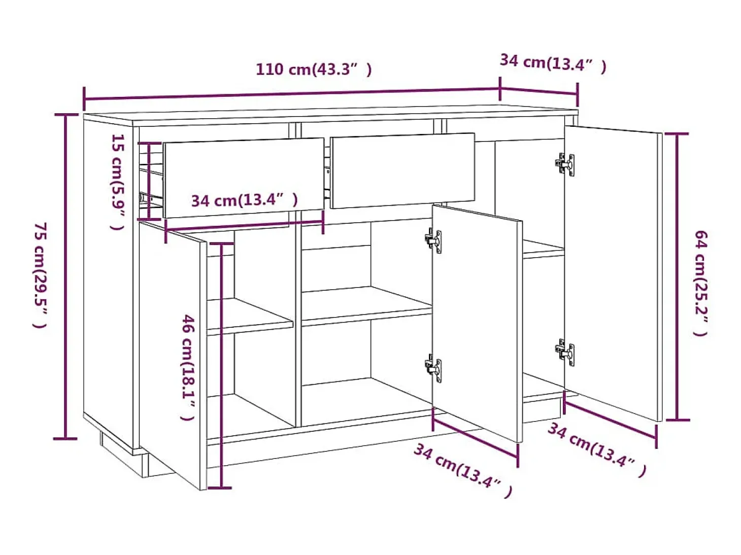 Aparador de madera maciza de pino 110x34x75 cm