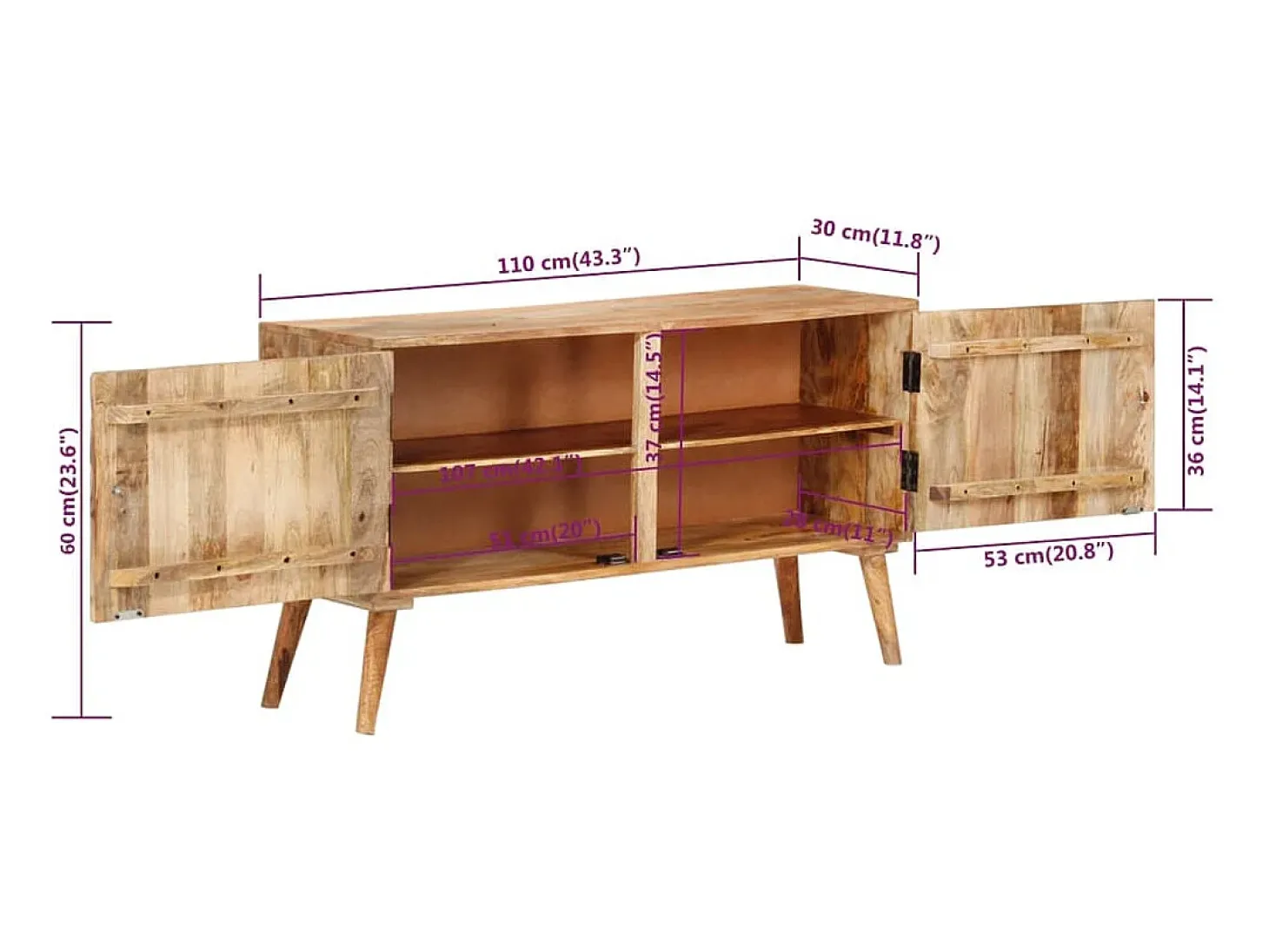 Aparador de madera maciza de mango 110x30x60 cm