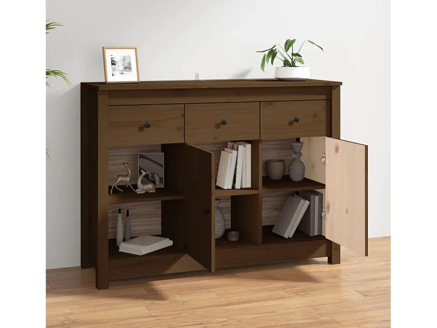 Aparador de madera maciza de pino marrón miel 100x35x74 cm ES79655
