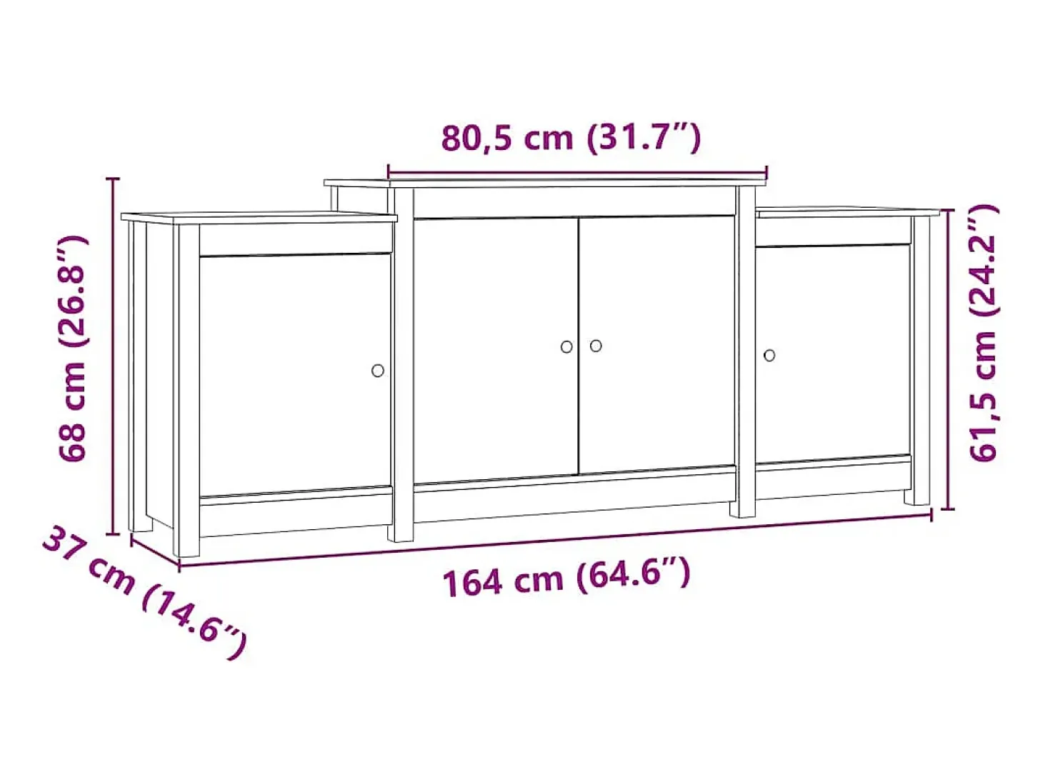 Aparador de madera maciza de pino marrón miel 164x37x68 cm