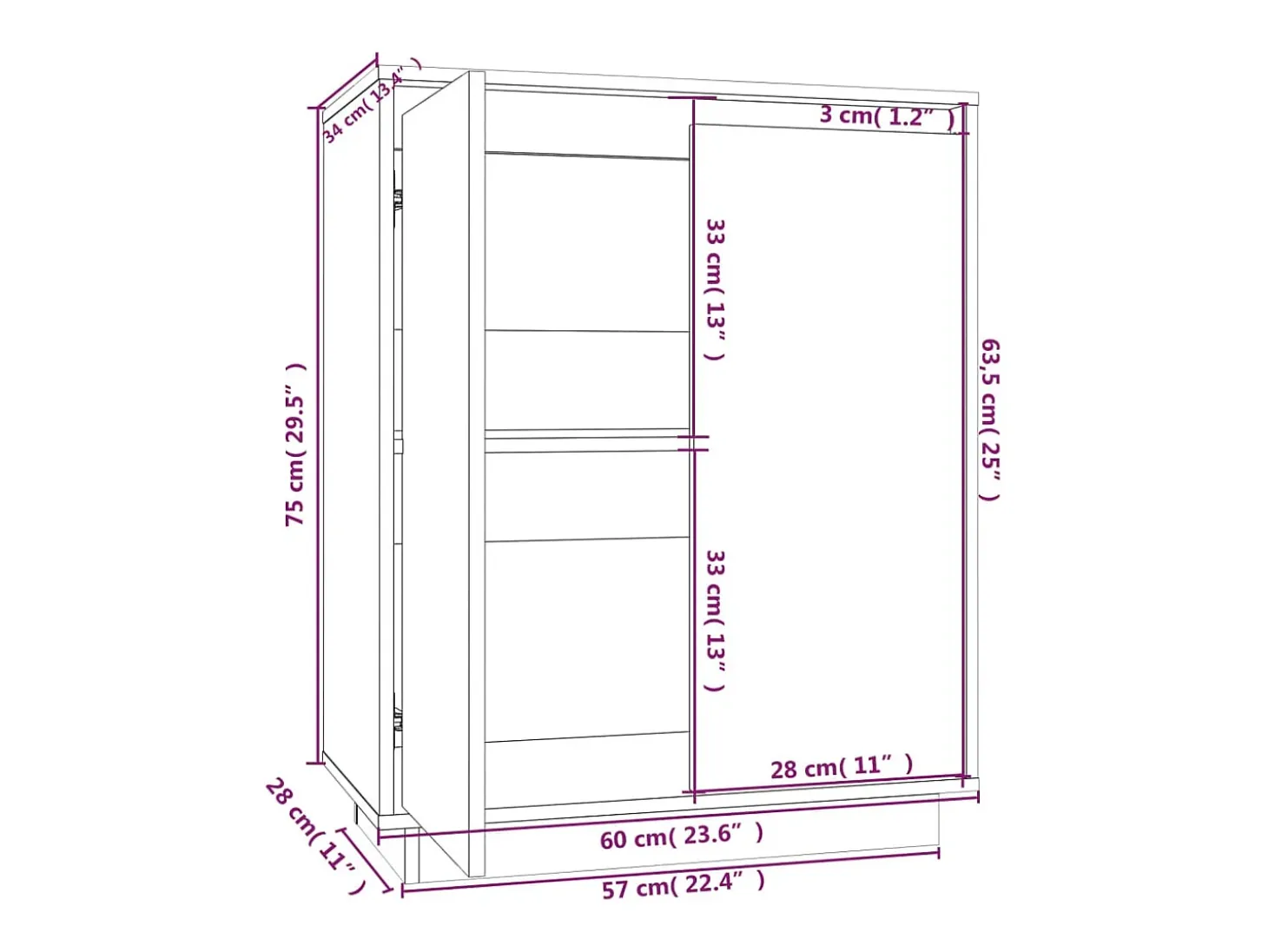 Aparador de madera maciza de pino blanco 60x34x75 cm