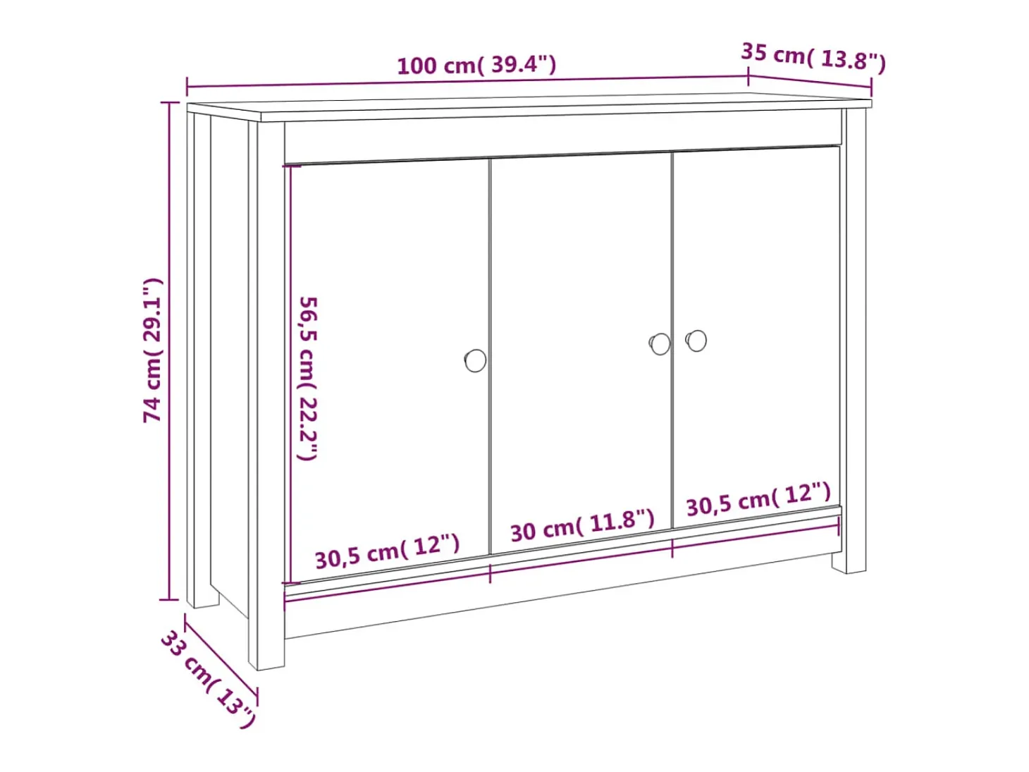 Aparador de madera maciza de pino gris 100x35x74 cm