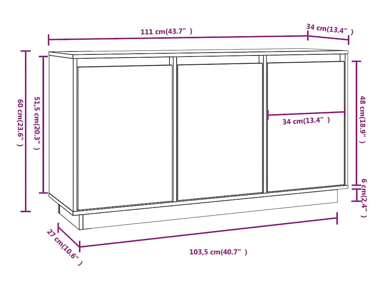 Aparador de madera maciza de pino blanco 111x34x60 cm