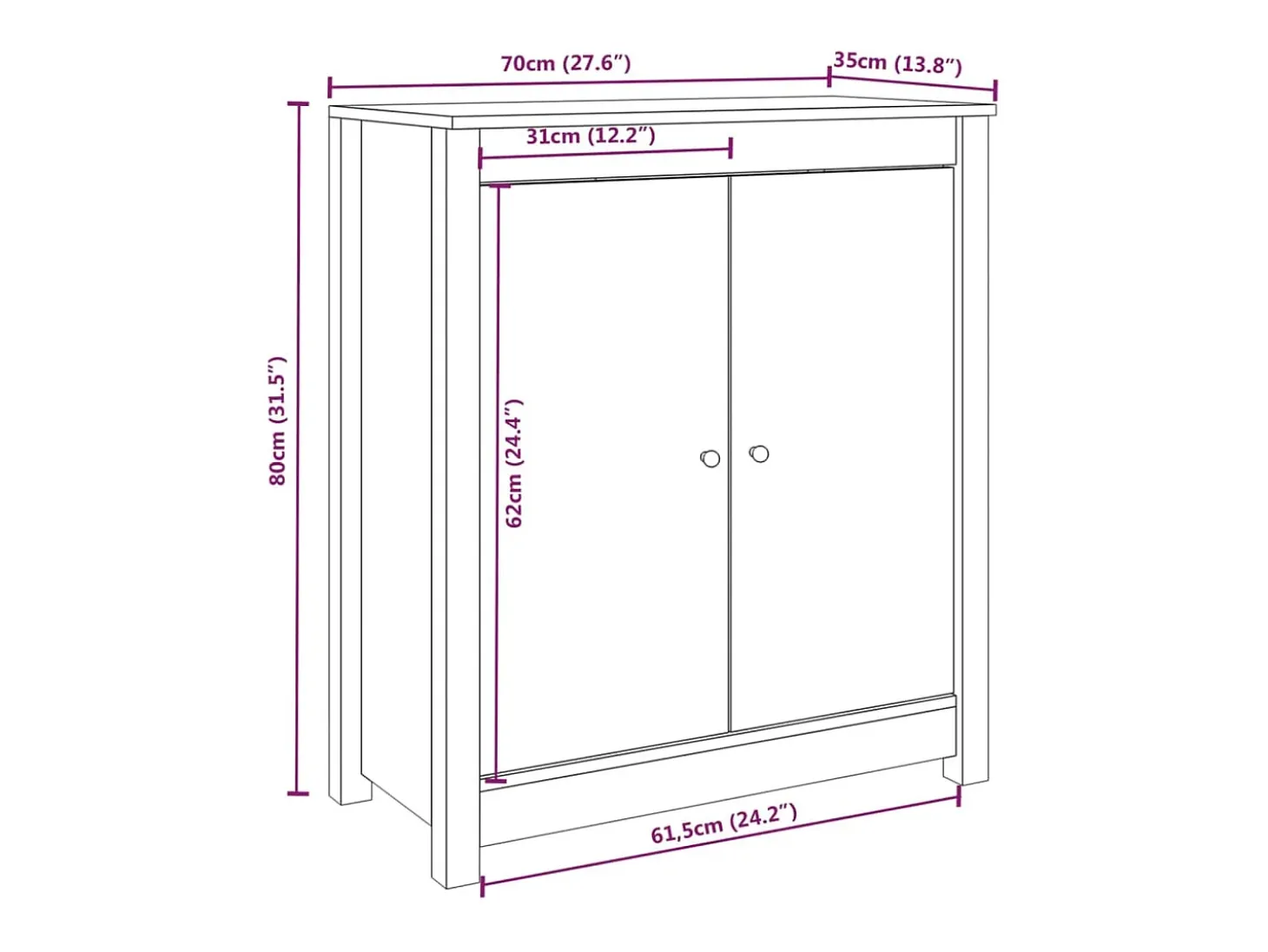 Aparador de madera maciza de pino blanco 70x35x80 cm