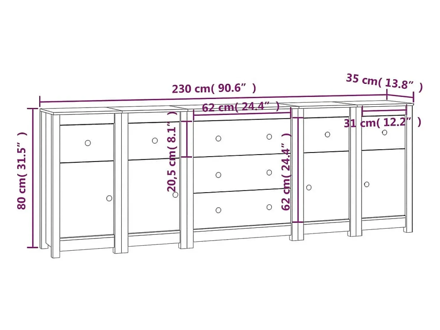 Aparador de madera maciza de pino blanco 230 x 35 x 80 cm