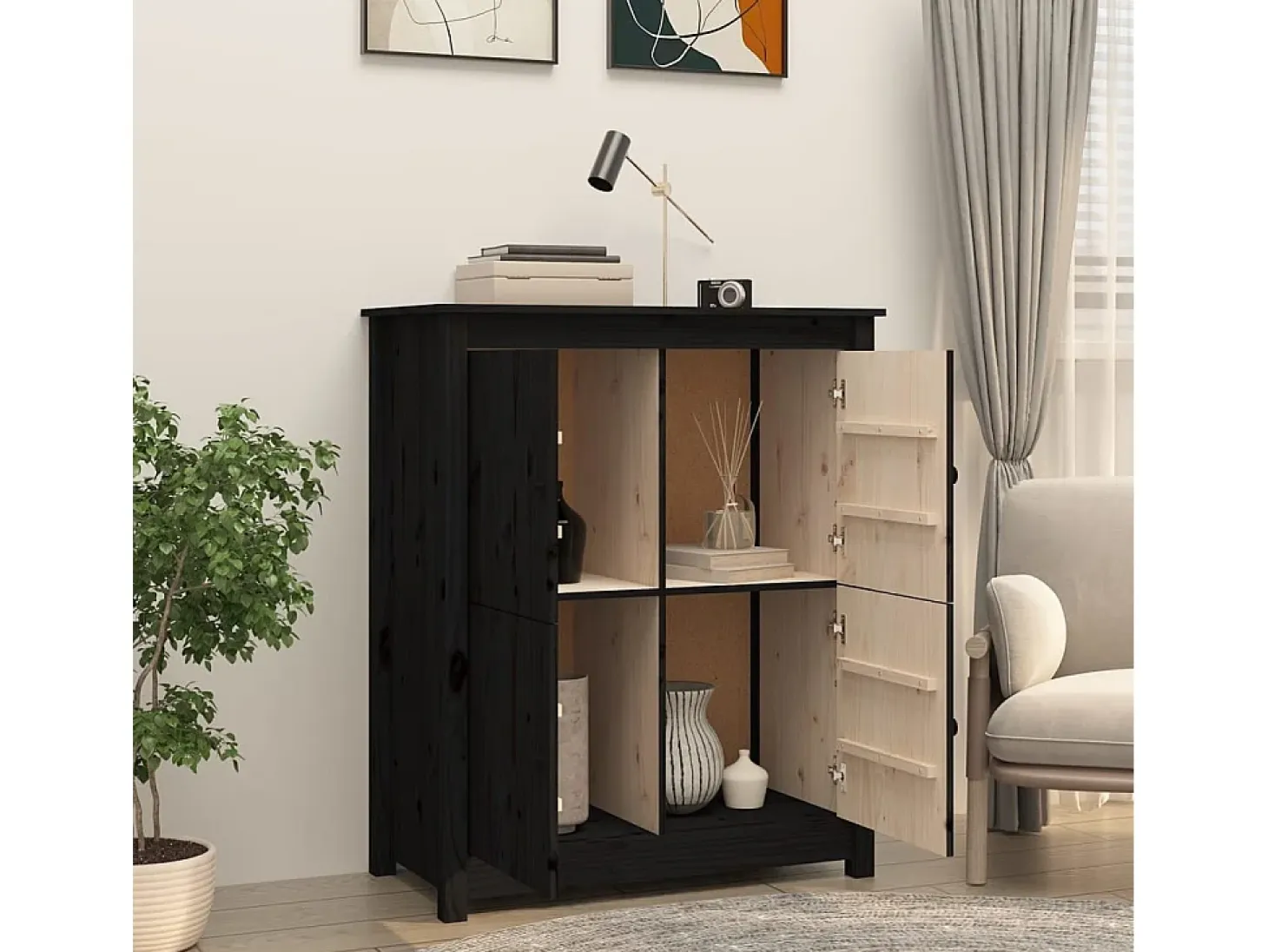 Aparador de madera maciza de pino negro 83x41,5x100 cm