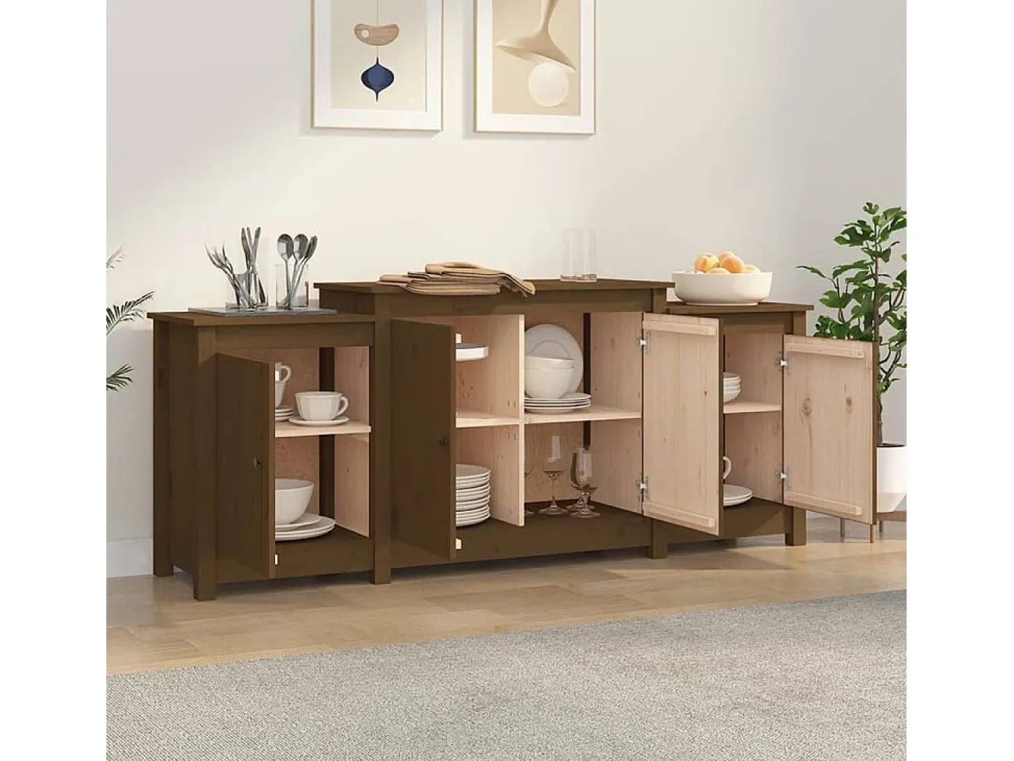 Aparador de madera maciza de pino marrón miel 164x37x68 cm