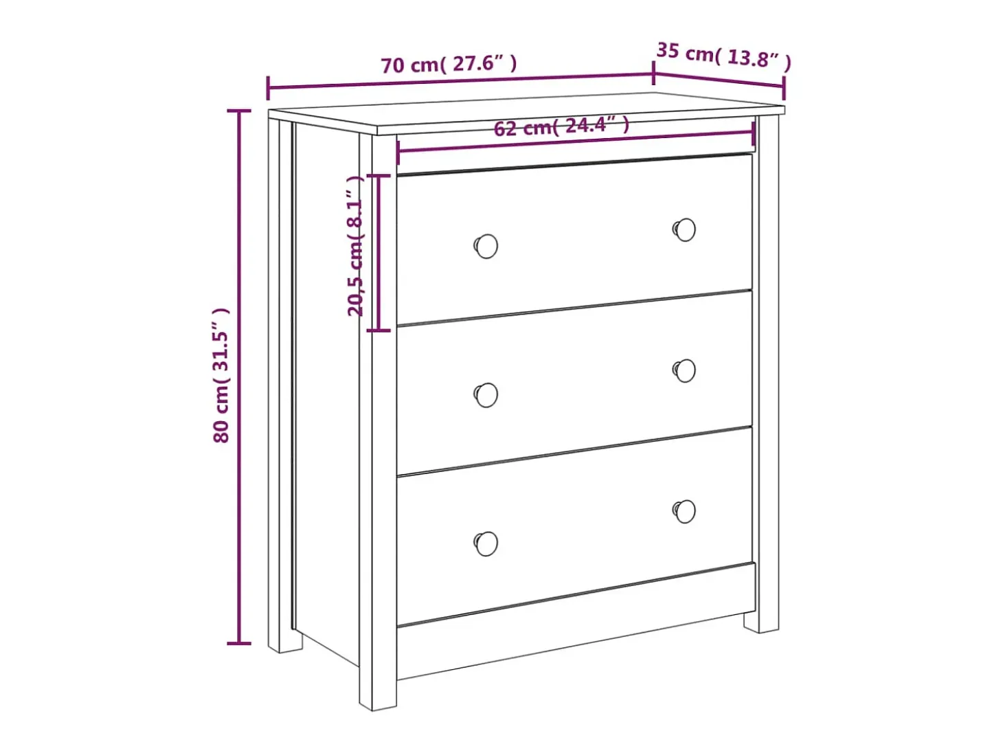 Aparador de madera maciza de pino 70x35x80 cm
