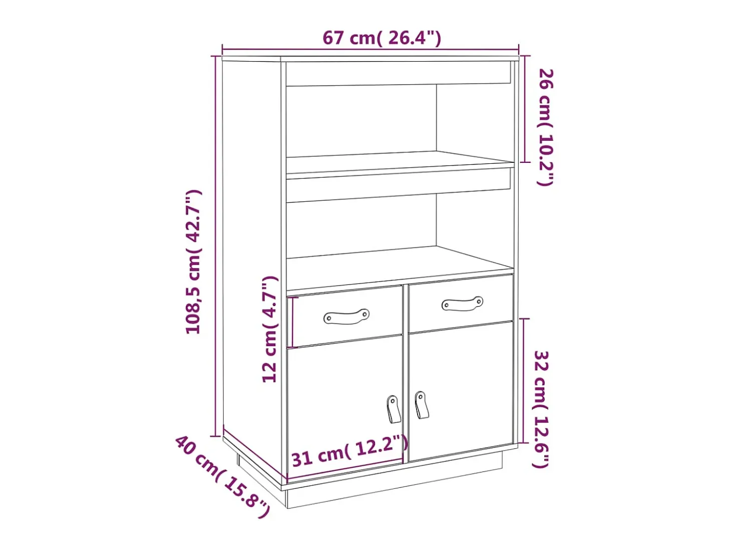 Aparador de madera maciza de pino blanco 67x40x108,5 cm