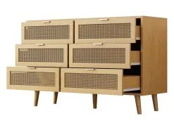 Aparador de madera natural clara con 6 cajones, tiradores de metal, dimensiones 120 x 40 x 76,5 cm