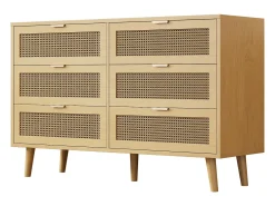 Aparador de madera natural clara con 6 cajones, tiradores de metal, dimensiones 120 x 40 x 76,5 cm