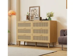 Aparador de madera natural clara con 6 cajones, tiradores de metal, dimensiones 120 x 40 x 76,5 cm