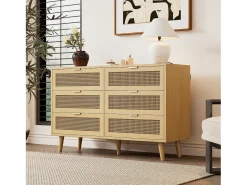 Aparador de madera natural clara con 6 cajones, tiradores de metal, dimensiones 120 x 40 x 76,5 cm