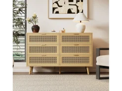 Aparador de madera natural clara con 6 cajones, tiradores de metal, dimensiones 120 x 40 x 76,5 cm