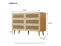 Aparador de madera natural clara con 6 cajones, tiradores de metal, dimensiones 120 x 40 x 76,5 cm