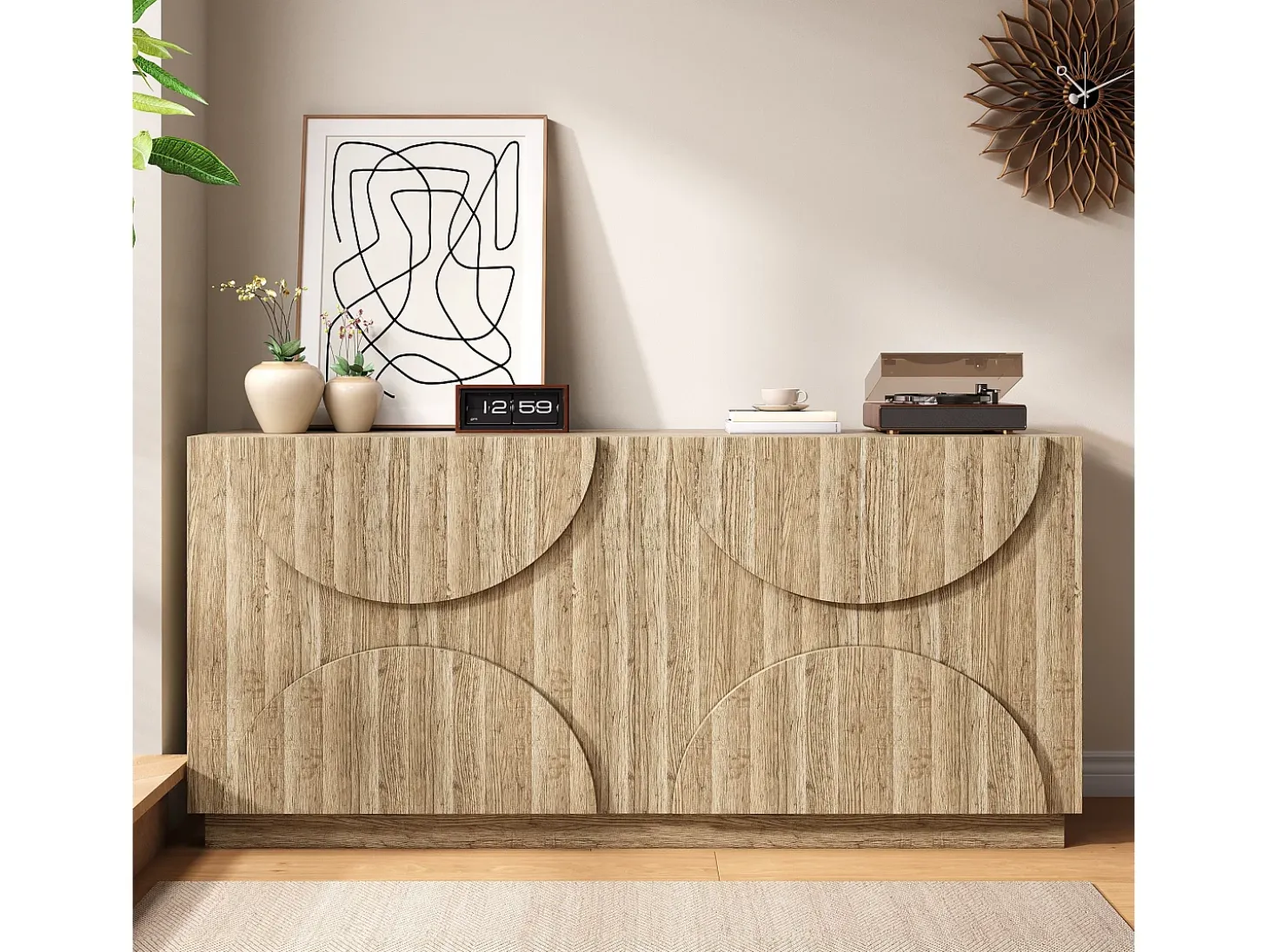 Aparador de madera natural con estantes, estilo reboteador, perfecto para la sala de estar o la cocina.