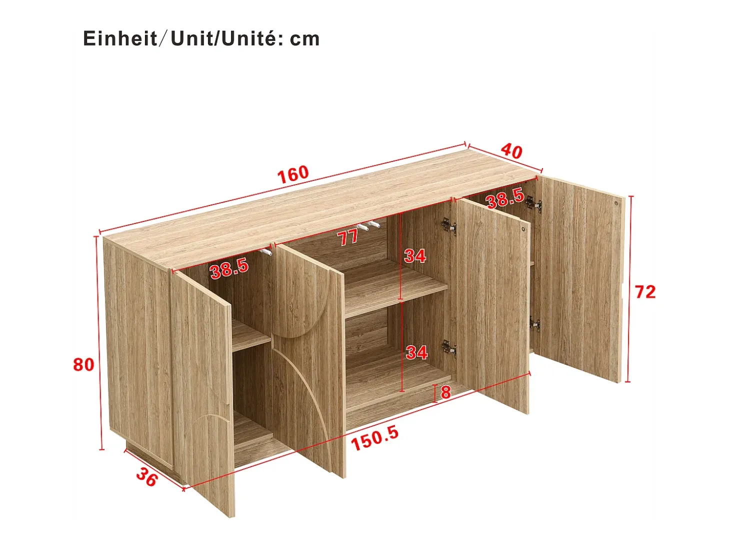 Aparador de madera natural con estantes, estilo reboteador, perfecto para la sala de estar o la cocina.