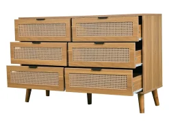 Aparador de madera natural oscura con 6 cajones, tiradores metálicos, dimensiones 120 x 40 x 76,5 cm
