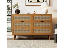 Aparador de madera natural oscura con 6 cajones, tiradores metálicos, dimensiones 120 x 40 x 76,5 cm