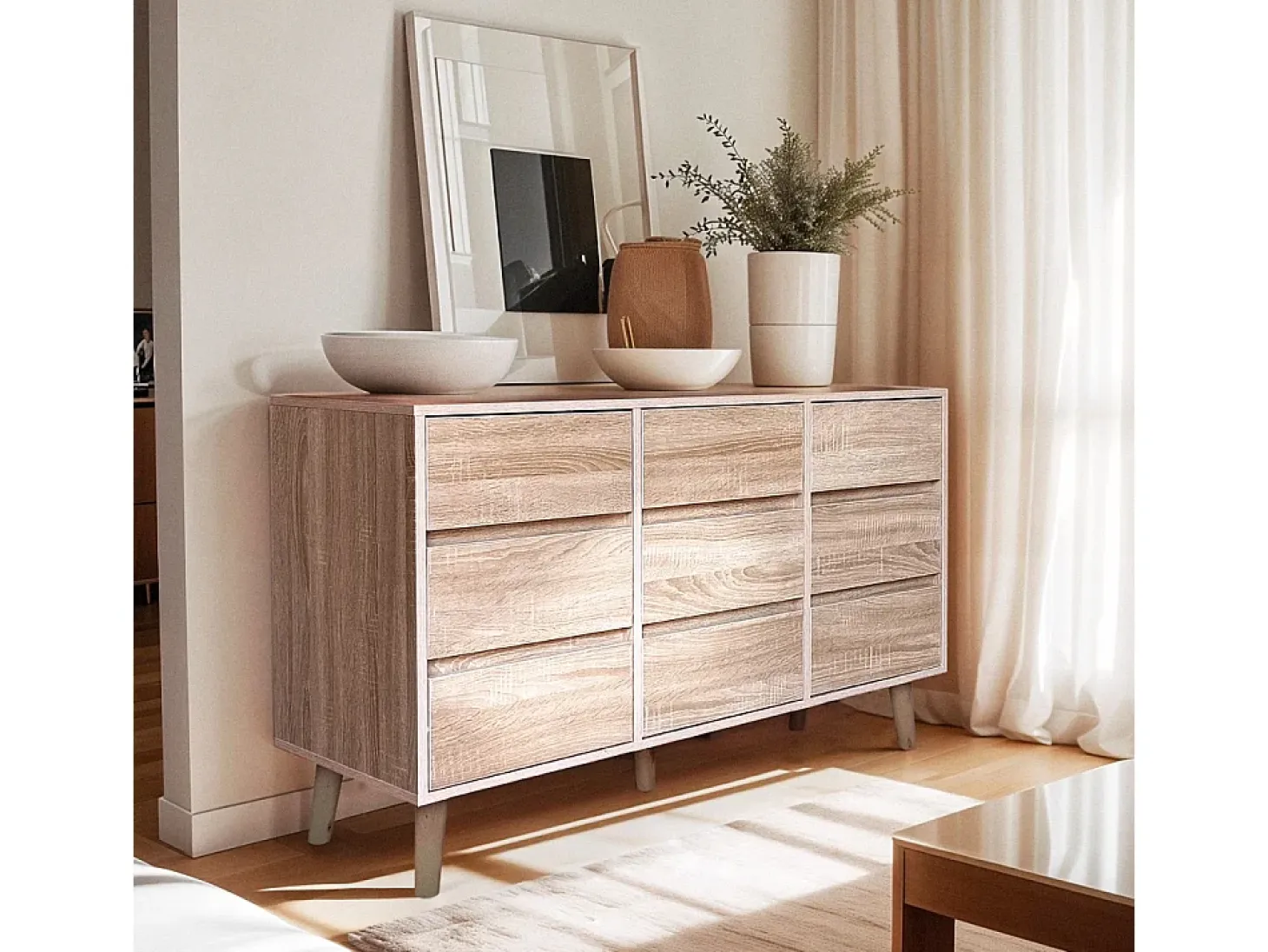 Aparador de madera para salón con 9 cajones 120x40x72cm Vudan