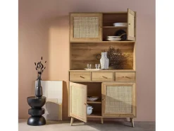 Aparador de madera y caña, 4 puertas y 3 cajones, 110cm natural