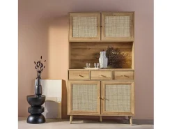Aparador de madera y caña, 4 puertas y 3 cajones, 110cm natural