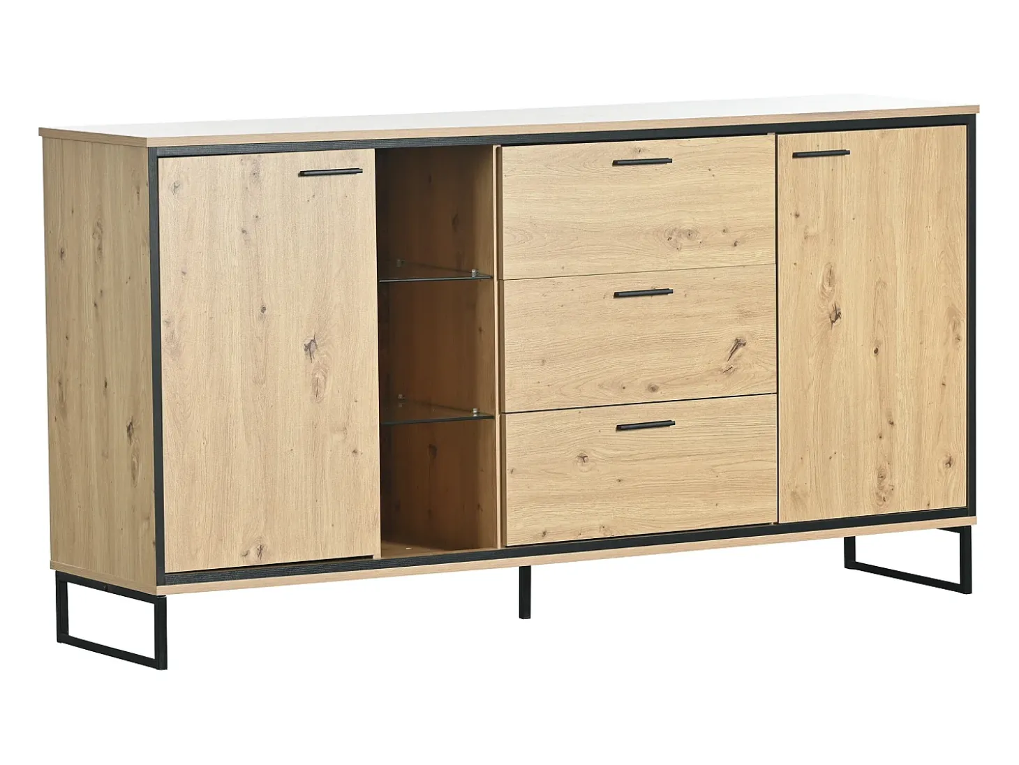 Aparador de madera y negro con LED, 3 cajones y divisores abiertos - para salón y comedor