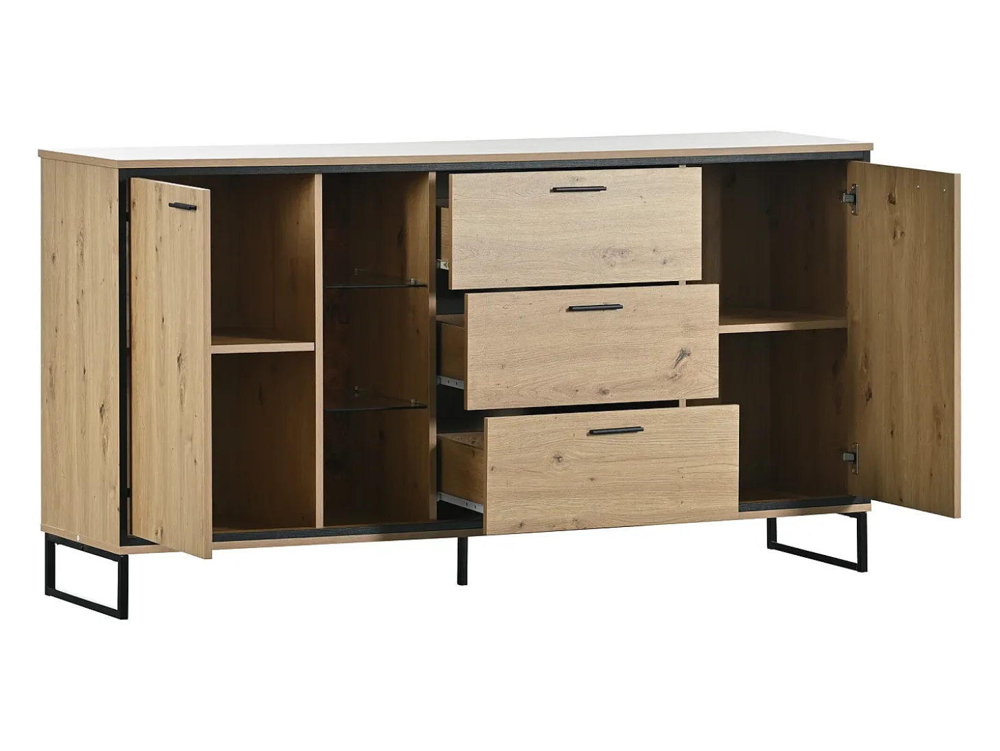 Aparador de madera y negro con LED, 3 cajones y divisores abiertos - para salón y comedor