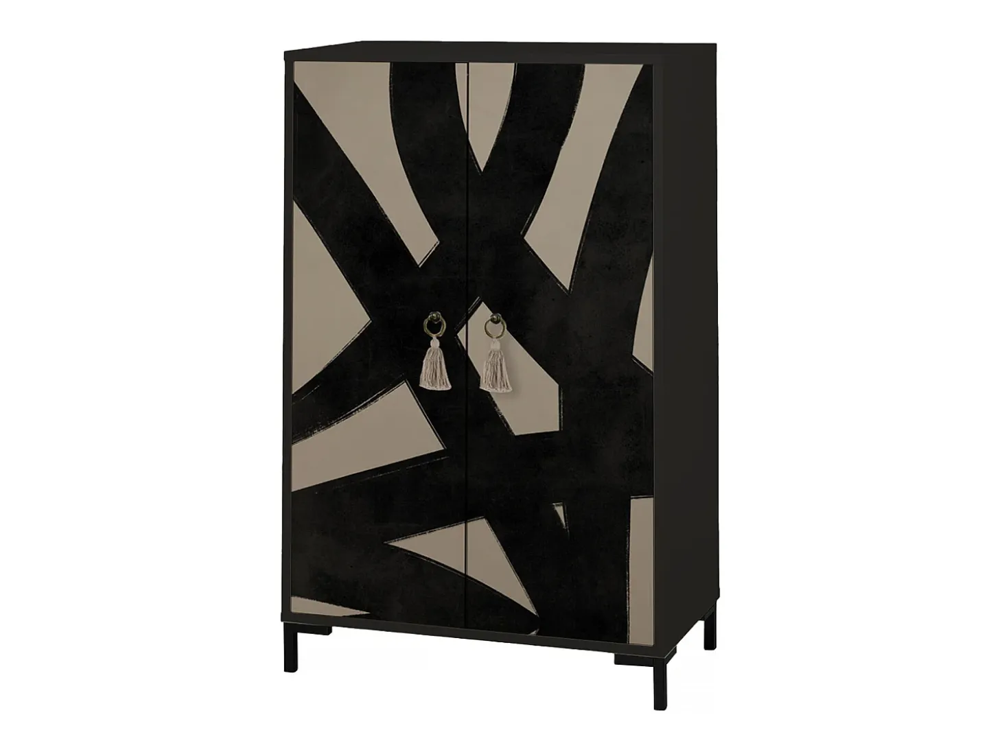 Aparador de MDF con 2 puertas decorativas con motivo gráfico en negro y topo