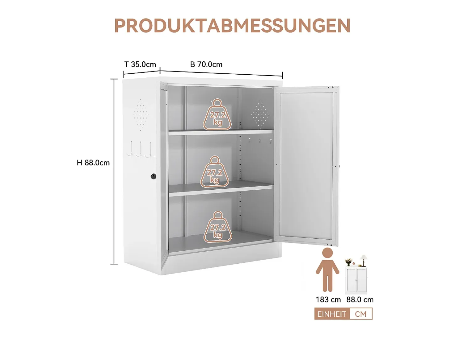 Aparador de metal blanco de 88 cm con estantes ajustables, unidad de almacenaje independiente, para cocina y salón