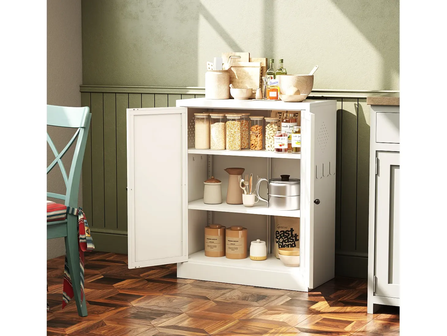 Aparador de metal blanco de 88 cm con estantes ajustables, unidad de almacenaje independiente, para cocina y salón