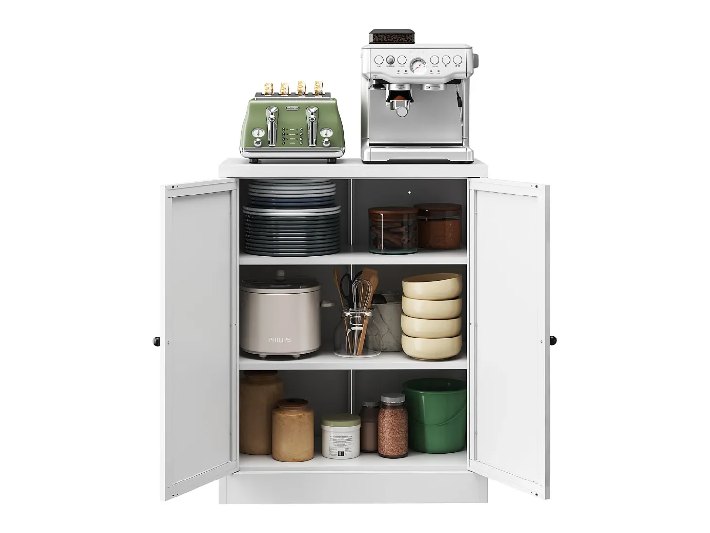 Aparador de metal blanco de 88 cm con estantes ajustables, unidad de almacenaje independiente, para cocina y salón