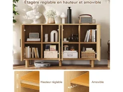 Aparador de mimbre con 4 puertas y estantes regulables - 80 x 40 x 140 cm - Roble