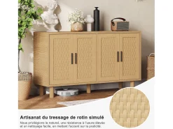 Aparador de mimbre con 4 puertas y estantes regulables - 80 x 40 x 140 cm - Roble