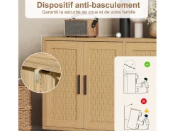 Aparador de mimbre con 4 puertas y estantes regulables - 80 x 40 x 140 cm - Roble
